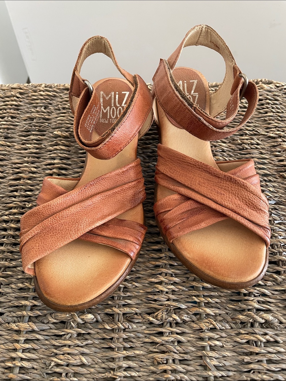 Miz Mooz Cognac Leather Crisscross Ankle-Strap Sandals